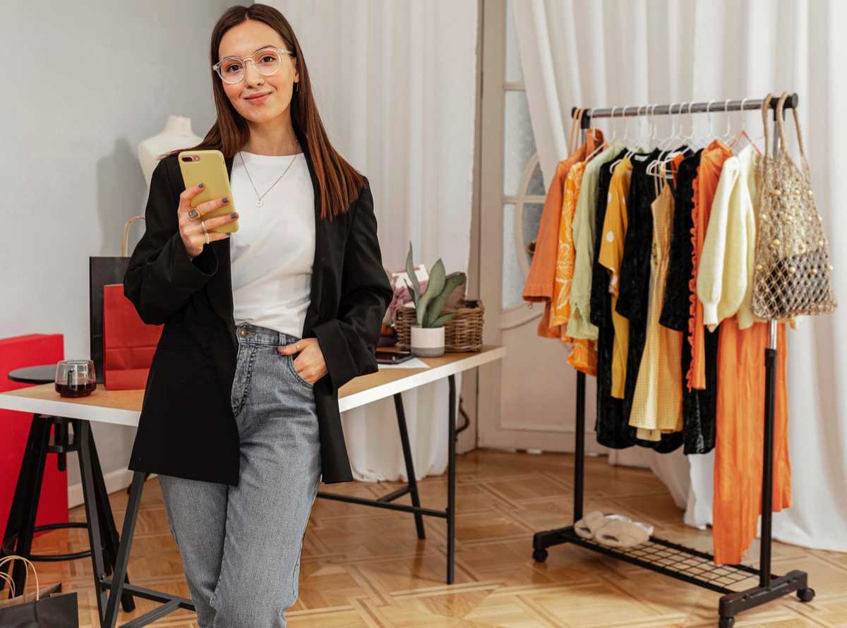 Woman holding a phone in a store
